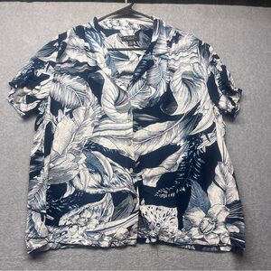 Grace The Perfect Fit Sz L Button Front Hawaiian Shirt/Blouse Blue /White